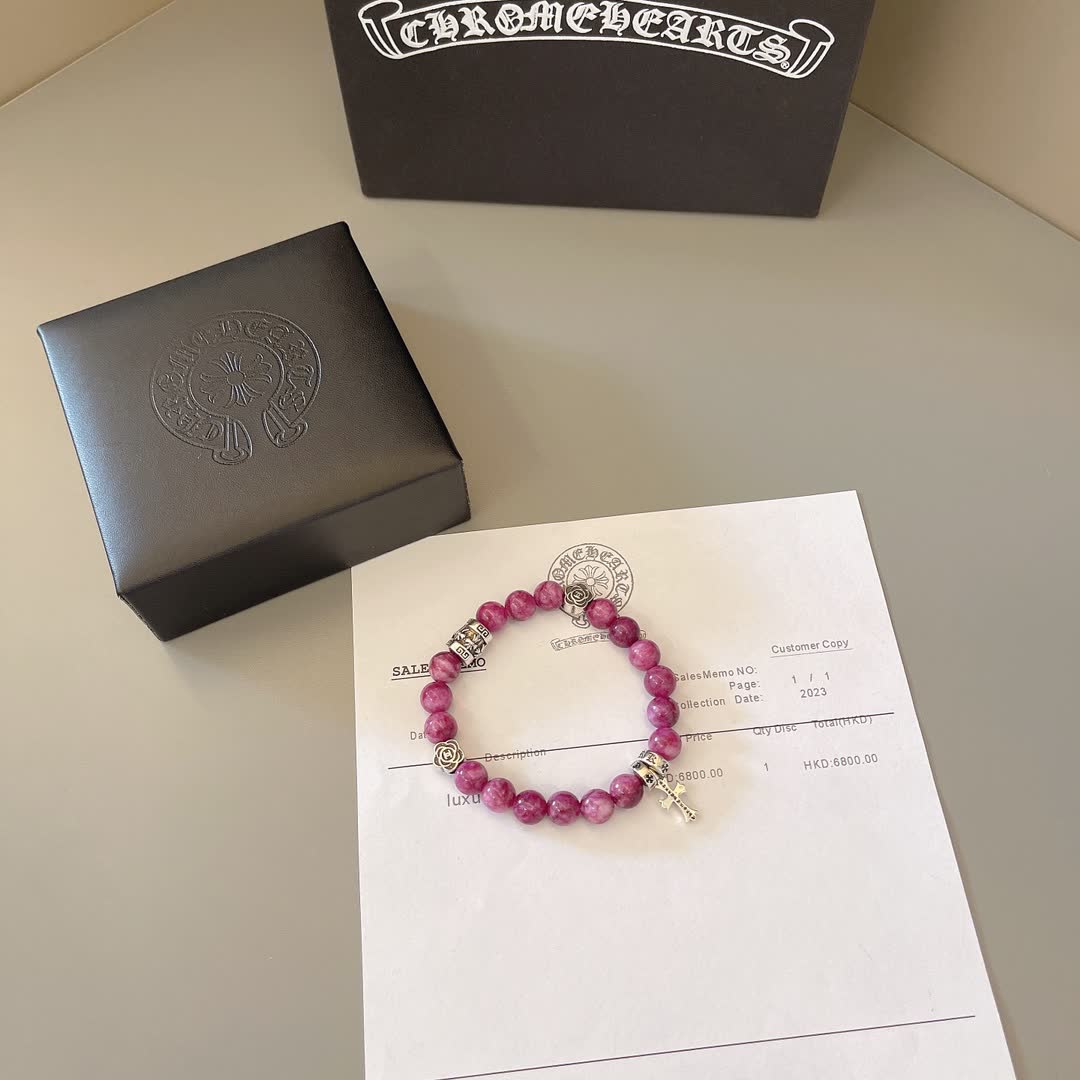 Chrome Hearts Purple Gemstone Bracelet with Silver Cross and Flower Charms